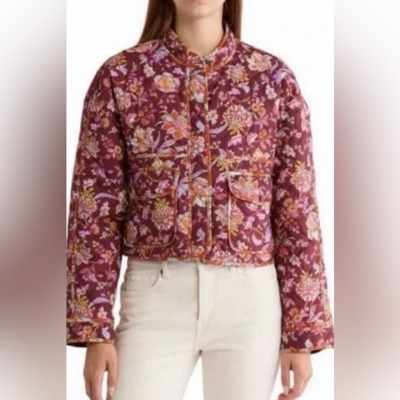 7 For All Mankind Quilted Floral Bomber Cropped Jacket in Burgundy - size M - Picture 2 of 8